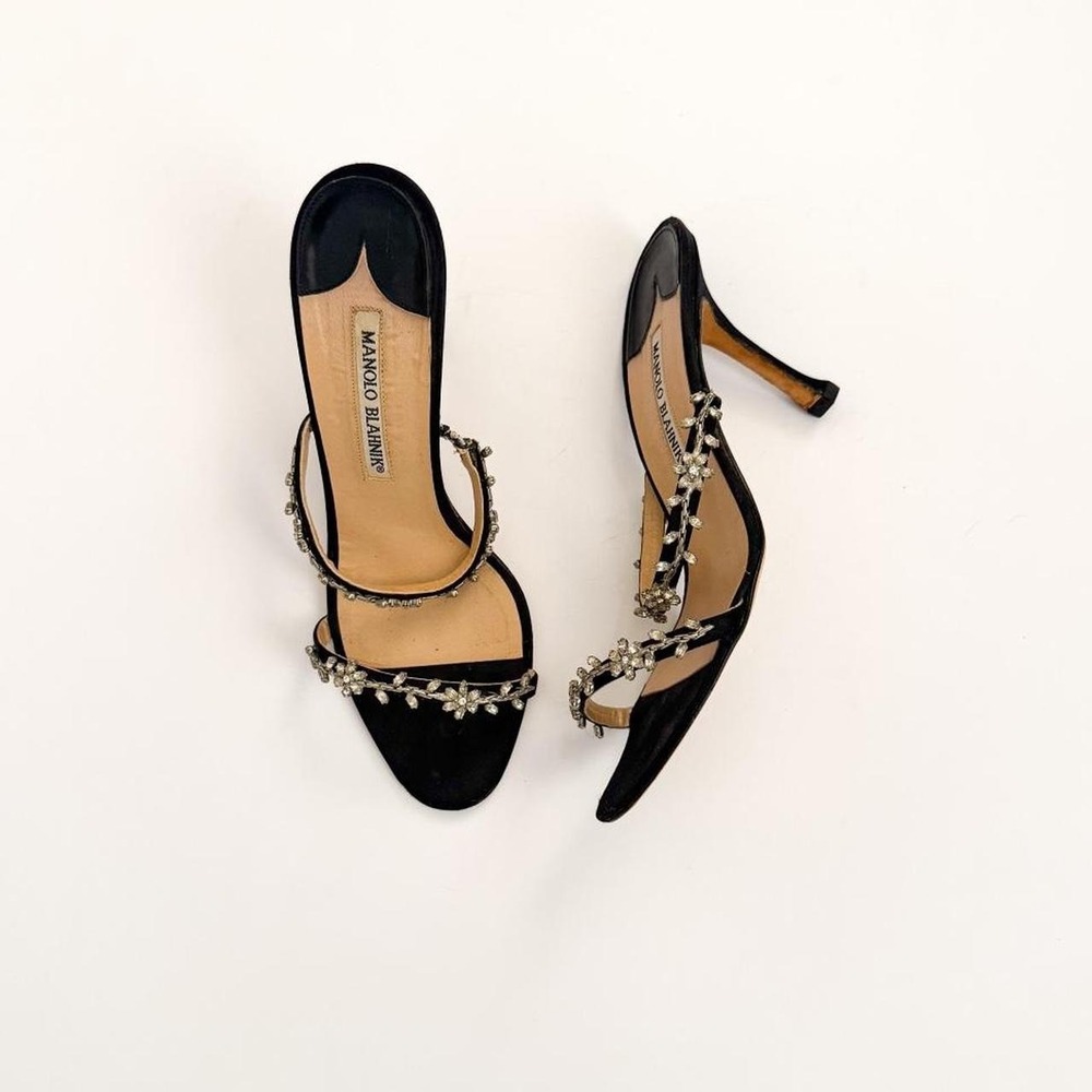 Manolo Blahnik crystal embellished black satin heels sandals IT 37 US 7 vintage - Picture 2 of 8